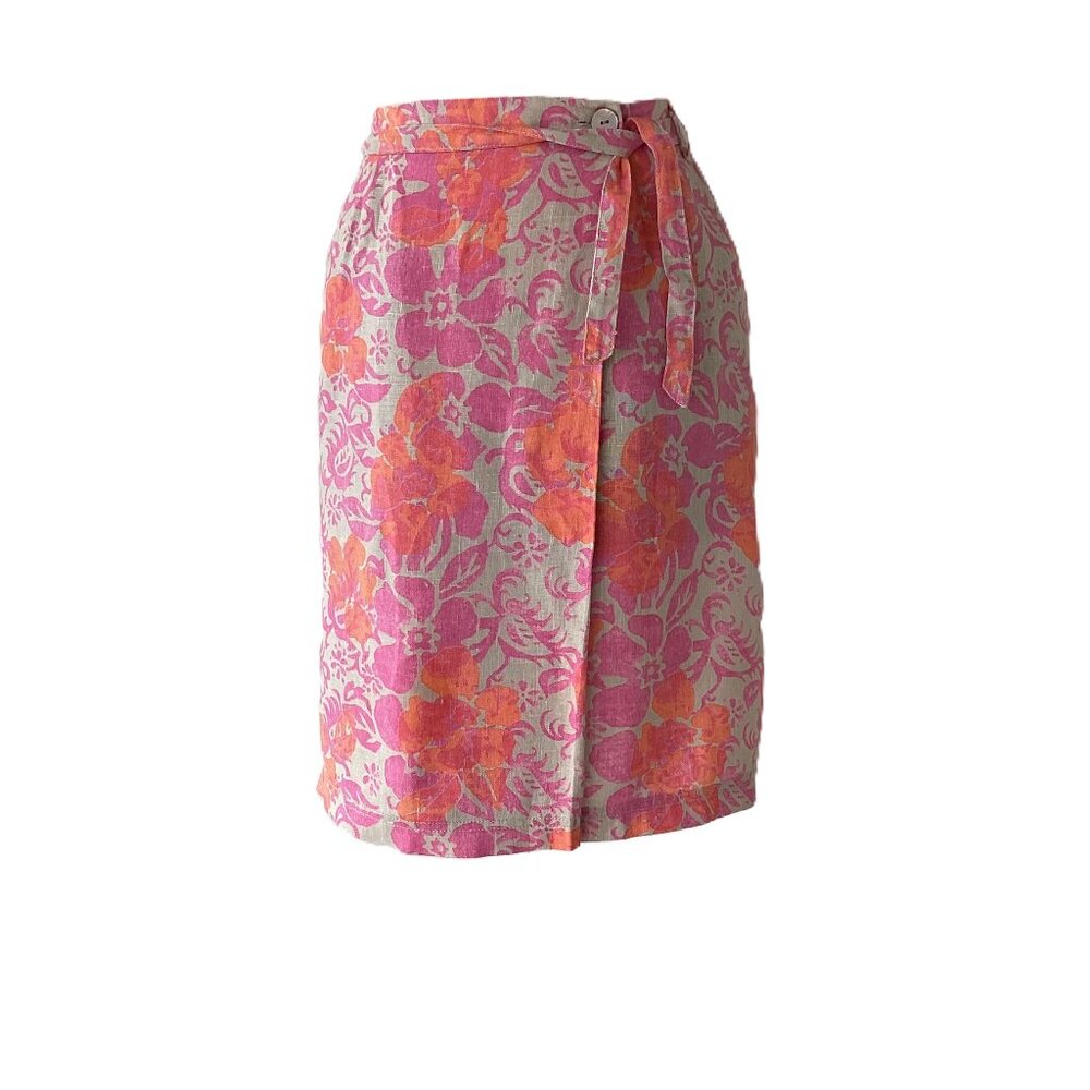 Sigrid Olsen Orange and Pink Floral Linen Mock Wrap Skirt